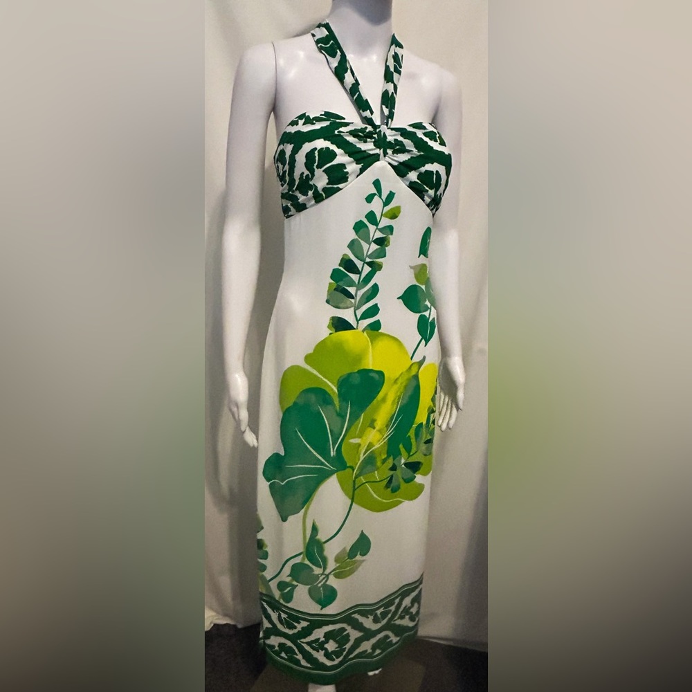 White House Black Market Green Leaf Print Midi Dress Boho Chic Tropical Fairy
